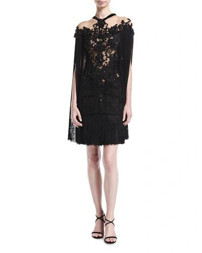 Marchesa Embroidered Cape-sleeve Cocktail Dress In Black