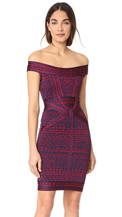 Herve Leger Off-the-shoulder Bandage Jacquard Cocktail Minidress In Dark Maroon Combo