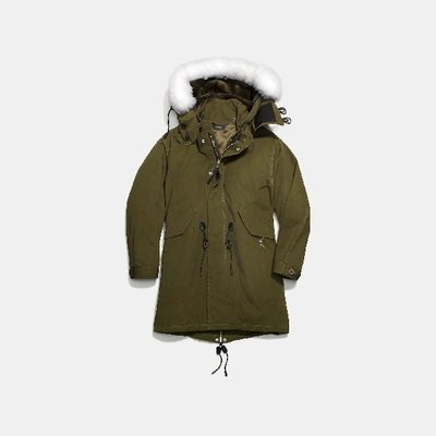 Coach Detachable Faux Fur Hood Canvas Parka In Military