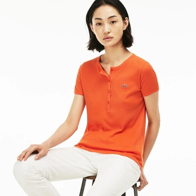 Querer asiático oscuridad Lacoste Women's Buttoned Ribbed Crew Neck Cotton Blend T-shirt - Tangelo  Orange | ModeSens