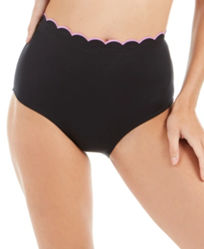 Kate Spade Fort Tilden Contrast Scalloped High-waist Bikini Bottom In Black