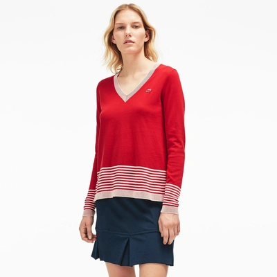 Lacoste Women's Placement Cotton Crepe V-neck Sweater - Red/cake Flour White