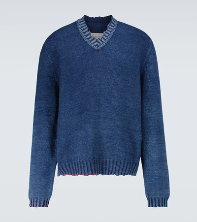 Maison Margiela Distressed V-neck Cotton-knit Jumper In Blue