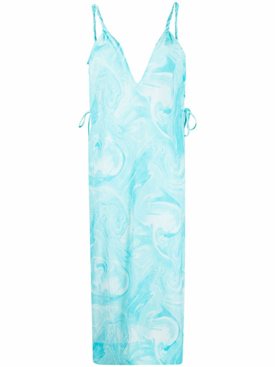 Ganni V-neck Abstract-print Cotton Cover-up Dress In Bachelor Blue