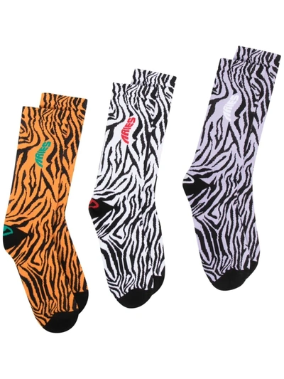 Aries Pack Of Three Zebra-print Socks In Orange