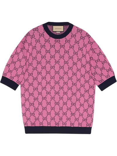 Gucci Gg Multicolour Short Sleeves Jumper In Pink And Blue