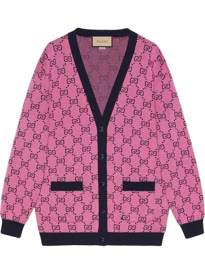 Gucci Gg Multicolor Wool Blend Knit Cardigan In Pink