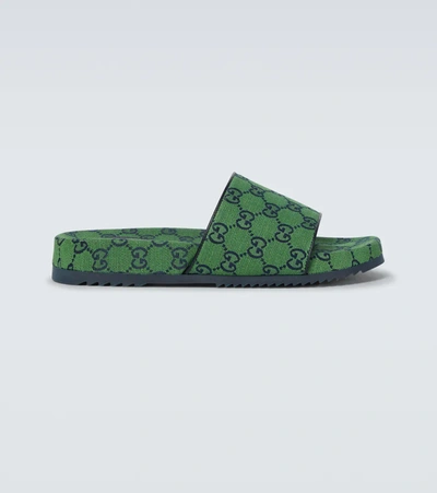 Gucci Gg Multicolour Slide Sandal In Green And Blue Canvas