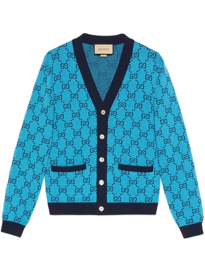 Gucci Logo-jacquard Wool And Cotton-blend Cardigan In Blue