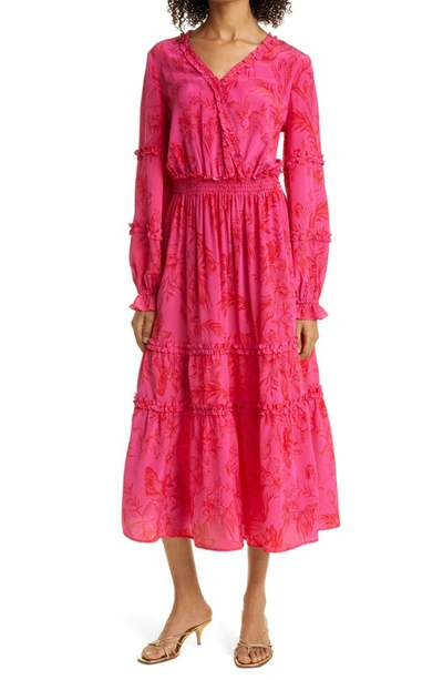 Haute Hippie Floral Long Sleeve Ruffle Silk Maxi Dress In Pink Peacock Deep Red Multi