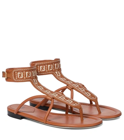 Fendi Ff Interlace Leather Thong Sandals In Brown