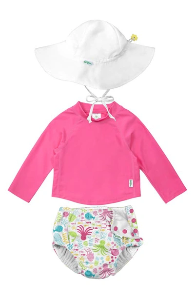 Green Sprouts Babies' Sun Hat, Long Sleeve Rashguard & Reusable Swim Diaper Set In Pink