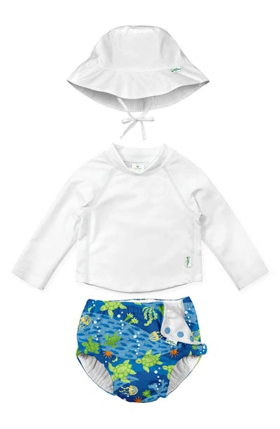 Green Sprouts Babies' Bucket Sun Hat, Long Sleeve Rashguard & Reusable Swim Diaper Set In Royal Blue