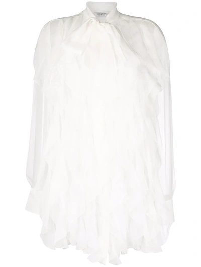 Valentino Ruffle Tie Neck Button-up Silk Chiffon Blouse In White