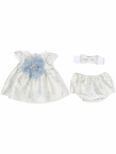 La Stupenderia Babies' Floral-appliqué Jacquard Dress In 绿色