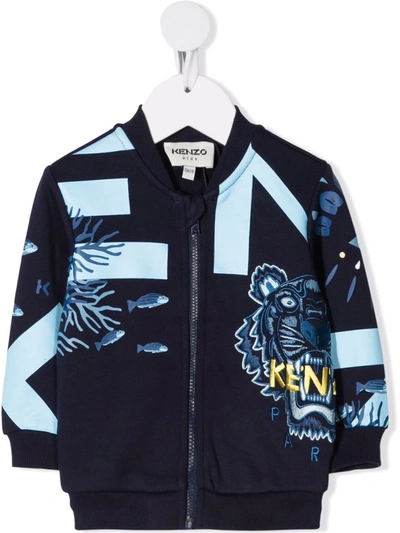 Kenzo Babies' Printed Zip-up Cotton Sweatshirt In 蓝色