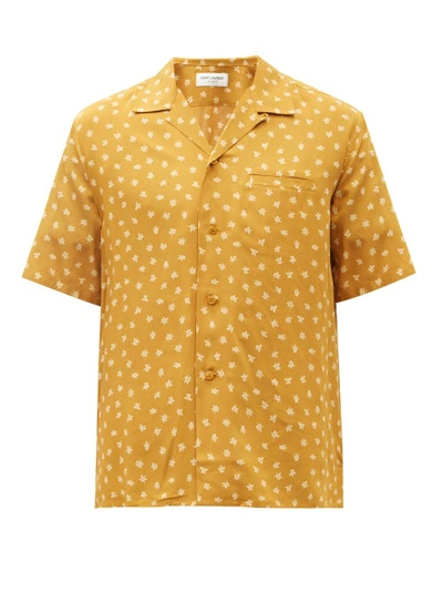 Saint Laurent Cuban-collar Floral-print Short-sleeved Shirt In Orange