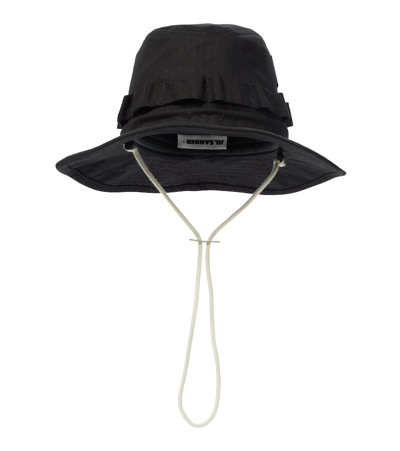 Jil Sander Cotton Herringbone Bucket Hat In Black