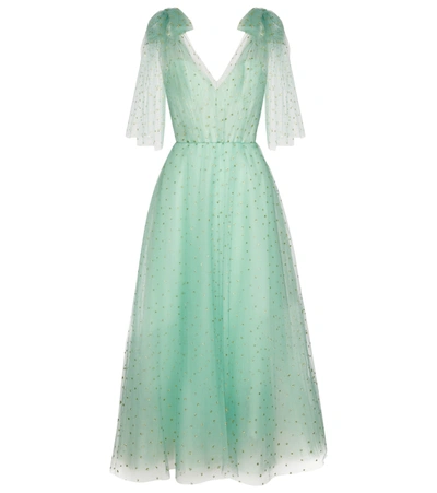 Monique Lhuillier Mini Star Bow-embellished Glittered Tulle Gown In Green