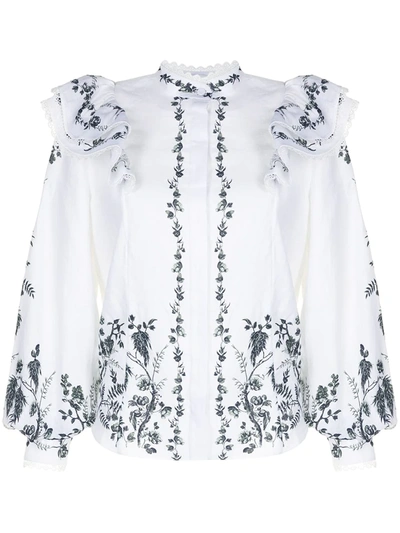 Erdem Womens Wht Grn Floral-print Frilled Linen Shirt 8