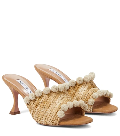 Aquazzura Pompom-embellished Woven Raffia Mules In Beige