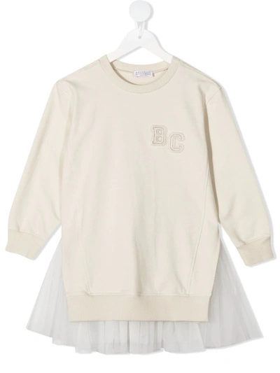 Brunello Cucinelli Kids' Logo-print Tulle-detail Sweater Dress In White