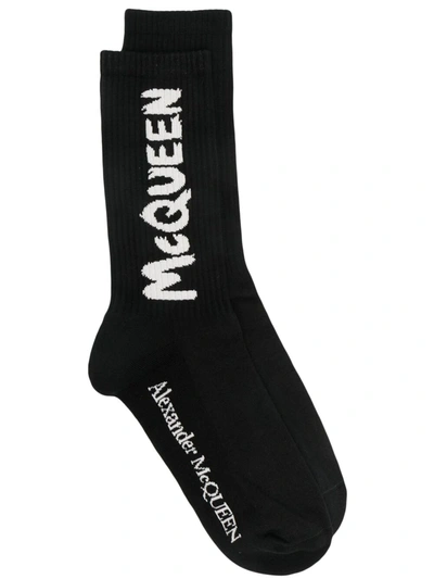 Alexander Mcqueen Cotton Blend Socks With Contrasting Logo Print In Black/ivory