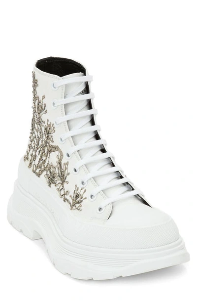 Alexander Mcqueen Men's Tread Slick Embellished Canvas High-top Trainers In White/silver