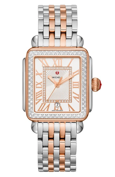 Michele Deco Madison Two-tone 18k Rose Gold Sterling Silver & Diamond Bracelet Watch In Rose Gold/silver