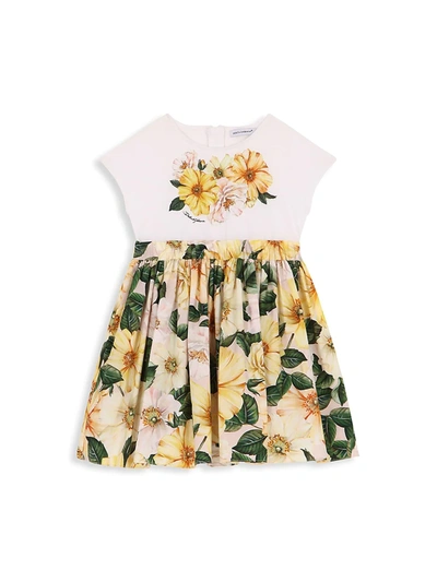 Dolce & Gabbana Kids' Girl's Floral-print Cotton Short-sleeve Dress In Yellow