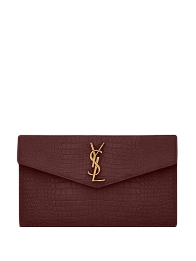 Saint Laurent Uptown Medium Ysl Monogram Croc-embossed Pouch Bag In Rouge Legion