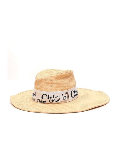 Chloé Neutral Logo Ribbon Straw Hat In Beige