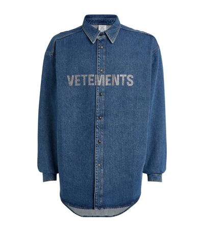 Vetements Crystal Logo Embellished Denim Shirt In Blue