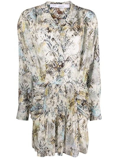 Iro Deniz Ruched Printed Cotton Mini Dress In Light Green