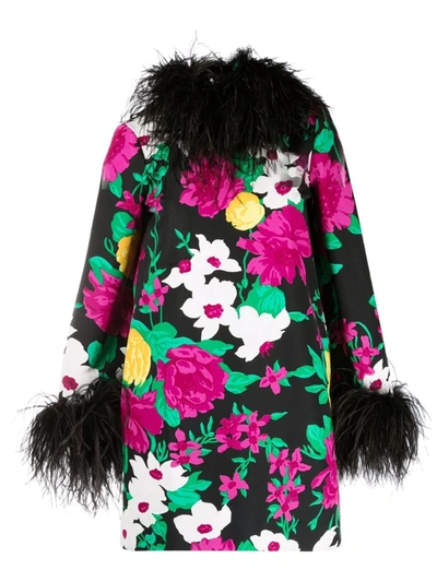Saint Laurent Feather-trim Floral-jacquard Cotton-faille Dress In Noir Multicolor