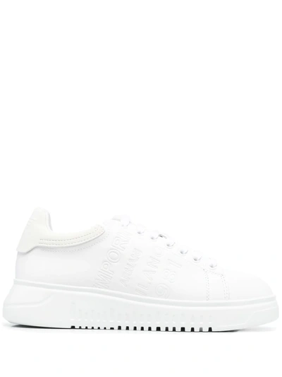 Emporio Armani Embossed-logo Leather Sneakers In White | ModeSens