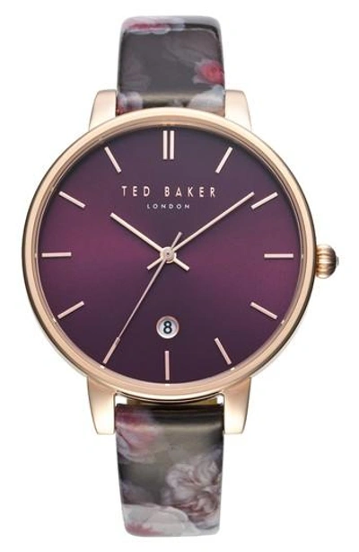 Ted Baker Kate Print Leather Strap Watch, 38mm In Black/ Black/ Rose Gold