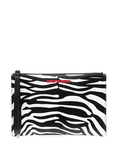 Dsquared2 Leather Clutch Bag With All-over Zebra Print In Black