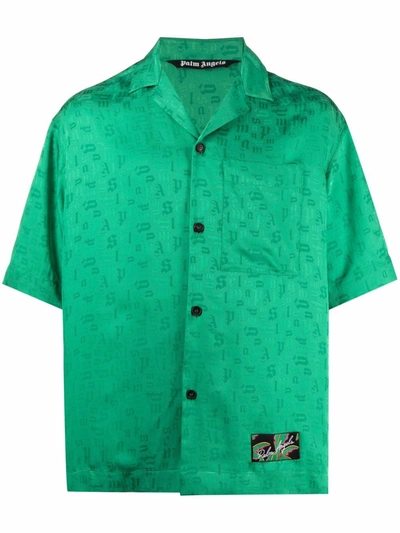 Palm Angels Monogram Jacquard Bowling Shirt In Green White