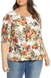 Kiyonna Reverie Ruched Sleeve Top In Sepia Petal Print