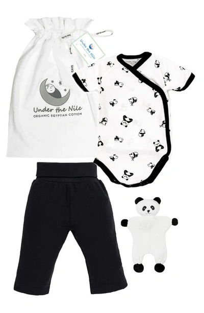 Under The Nile Babies' 3-piece Organic Cotton Panda Bodysuit, Pants & Toy Gift Set In White