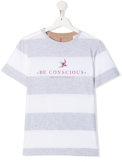 Brunello Cucinelli Teen Striped Slogan-print T-shirt In Grey