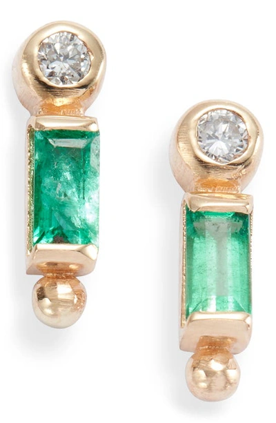 Anzie Clo Emerald Baguette & Diamond Stud Earrings In Green
