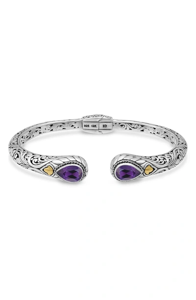 Devata Amethyst Bali Filigree Hinge Cuff Bracelet In Silver-gold-purple