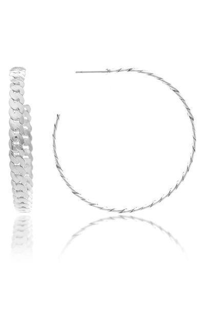 Rivka Friedman White Rhodium Clad Satin Finish Chain 50mm Hoop Earrings