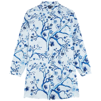 Vilebrequin Cherry Blossom Linen Shirt Dress Swim Cover-up In Blue