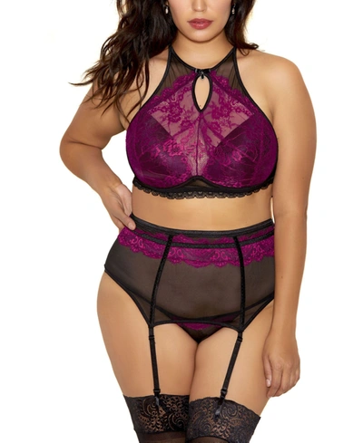 Icollection Luciana Plus Size Exotic Floral Lace Halter, Garter And Lace Panty Lingerie Set, 3 Piece In Fuchsia/black