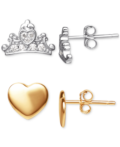 Disney 2-pc. Set Cubic Zirconia Tiara & Heart Stud Earrings In Sterling Silver & 18k Gold-plated Sterling S