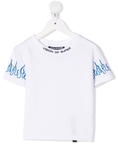 Vision Of Super Unisex Kid White T-shirt With Embroidered Blue Flames