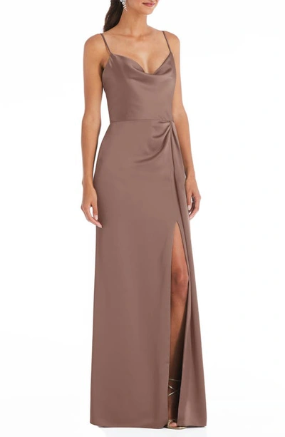 Dessy Collection Cowl-neck Draped Wrap Maxi Dress With Front Slit In Gold